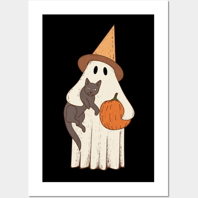 Vintage Ghost with Cat Halloween Graphic Wall Art by gogo-jr